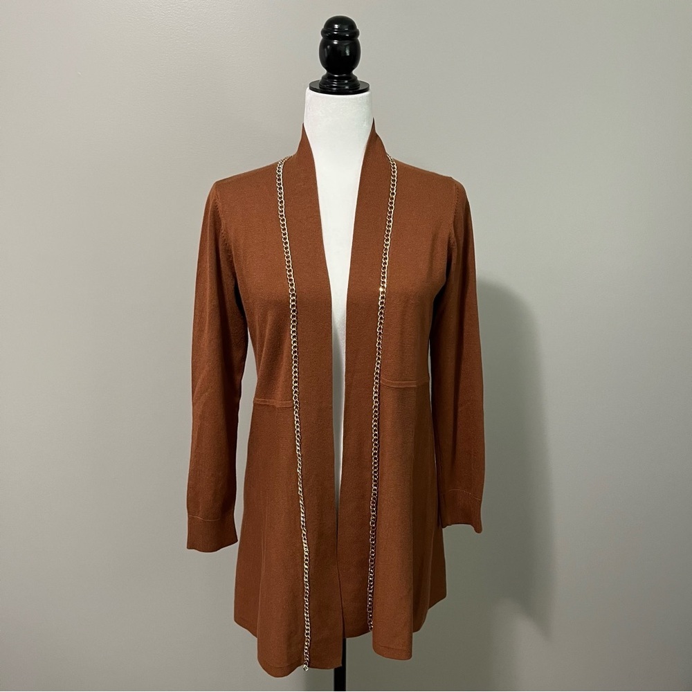 Laura Petite Gold Chain Detail Open-Front Long Cardigan